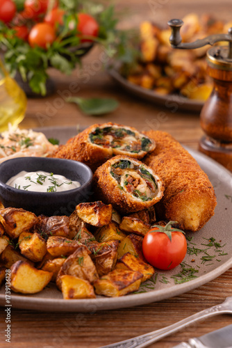 Pork chop rolls stuffed with spinach and mozzarella. Served with sun-dried tomatoes and roasted potatoes.