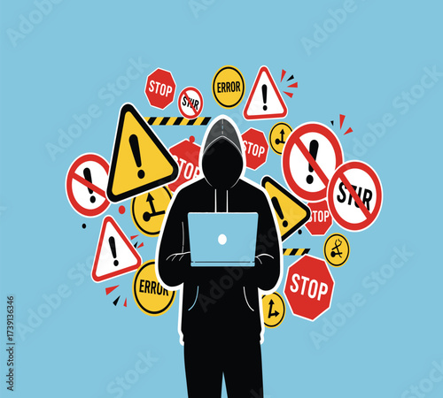 Hooded Hacker with Laptop and Binary Code — Cybersecurity Vector Illustration