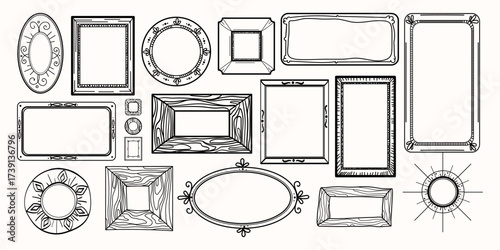 Hand Drawn Vintage Frame Set in Black and White.Doodle frames in various shapes for invitations, labels, scrapbooking, posters, creative elements, branding, packaging, and digital design. Vector