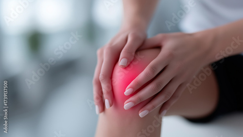 Wallpaper Mural Close-up conceptual illustration of woman’s hands touching knee joint with semi-transparent anatomy showing glowing ligaments, bones, and cartilage highlighting pain and inflammation in medical style Torontodigital.ca