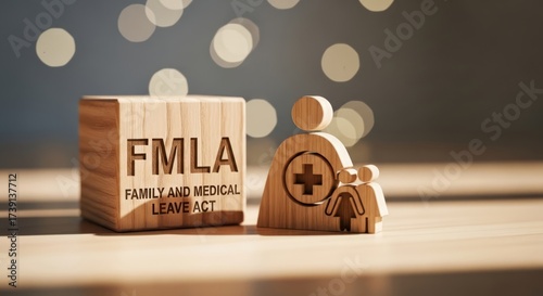 Wooden block with FMLA text and family figure. Highlights parental leave, employee rights, healthcare, worklife balance, and related legal protections.