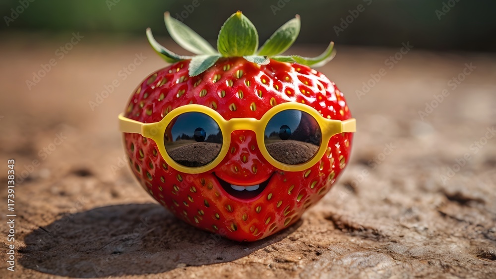 Naklejka premium A bright red strawberry with cute cartoon eyes, rosy cheeks, and tiny sunglasses 4