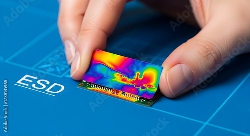 Technician handling electrostatic sensitive device, demonstrating ESD prevention in electronics manufacturing for reliability and safety, showcasing quality control standards.