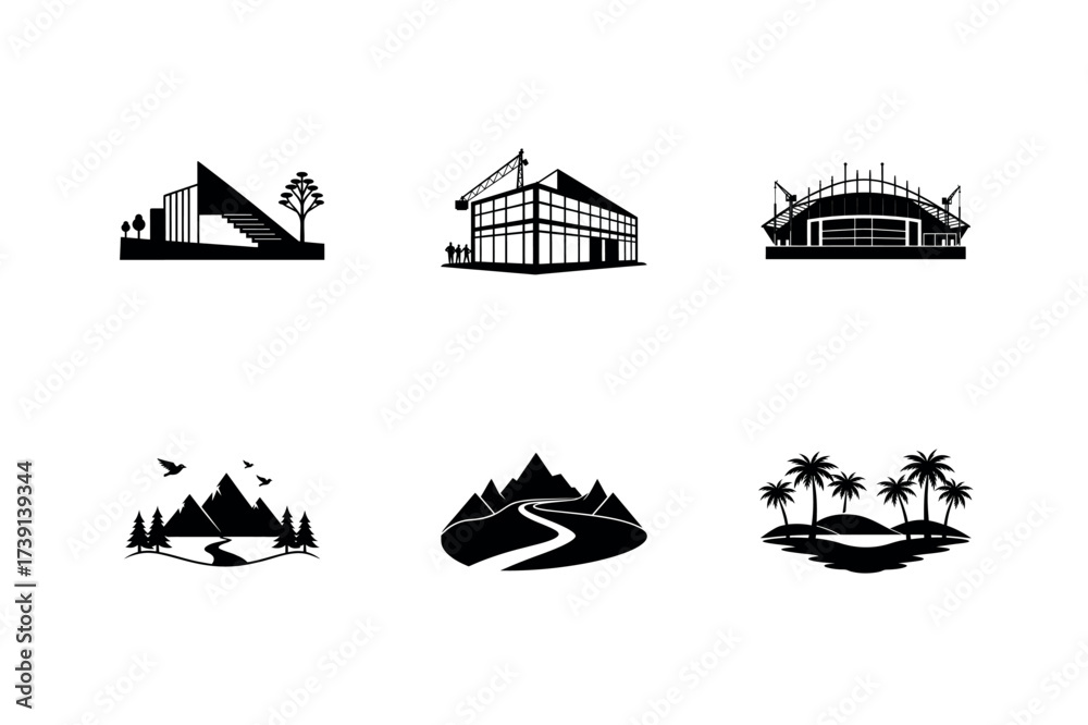 Fototapeta premium Diverse Icon Set Showcasing Architecture Construction Mountain Landscapes and Tropical Islands in a Simple Black Silhouette Style