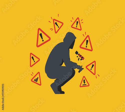 Hooded Hacker with Laptop and Binary Code — Cybersecurity Vector Illustration