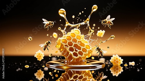 Honeycomb dripping golden honey with bees and splash on amber background 