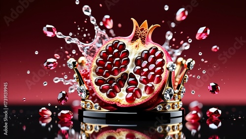Pomegranate crown with ruby seeds bursting in water splash in slow motion on dark red background 