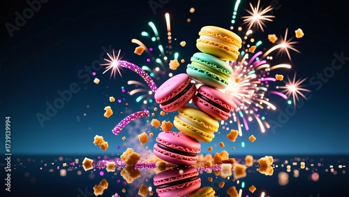 Tall tower of pastel macarons with crumbs flying and fireworks in background – celebration dessert still life