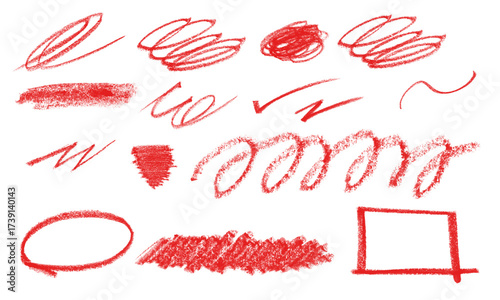 Collection of red crayon strokes and shapes isolated on transparent background