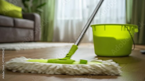 Mopping Laminate Floor With Mop. House Cleaning, Household Chores And Maintenance, Cleanliness Hygiene. Home Care Routine, Floor Cleaning Equipment, Domestic Life Daily Tasks, Modern Mop