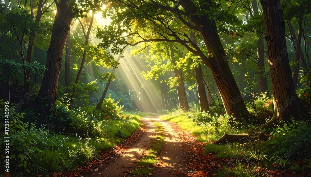 Fototapeta premium Enchanting Forest Path Bathed in Golden Sunbeams, Lush Greenery, and Serene Atmosphere.