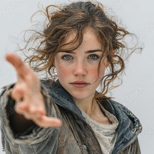 Young woman reaching forward with intense emotional gaze