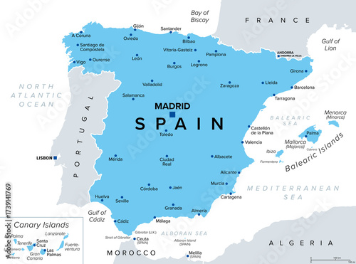 Spain, political map, with capital Madrid, the Balearic Islands, Canary Islands, and largest cities. Kingdom of Spain, a country in Southern and Western Europe with territories in North Africa. Vector