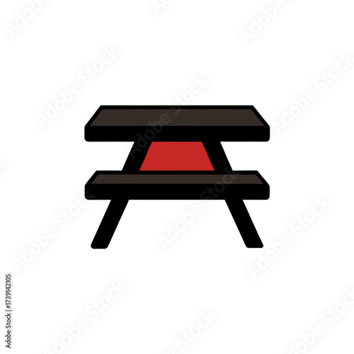 Minimalist picnic table with red seat isolated on transparent background