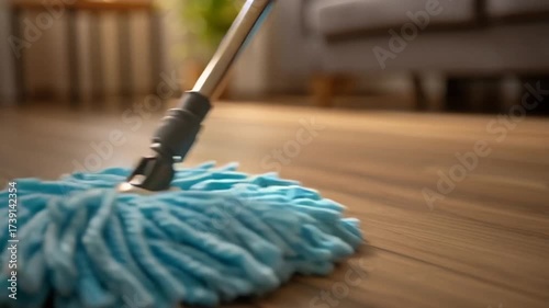 Mopping Laminate Floor With Mop. House Cleaning, Household Chores And Maintenance, Cleanliness Hygiene. Home Care Routine, Floor Cleaning Equipment, Domestic Life Daily Tasks, Modern Mop