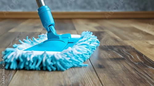 Mopping Laminate Floor With Mop. House Cleaning, Household Chores And Maintenance, Cleanliness Hygiene. Home Care Routine, Floor Cleaning Equipment, Domestic Life Daily Tasks, Modern Mop