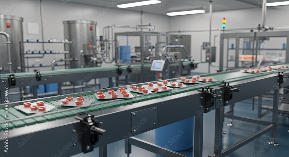 Naklejka premium Modern pharmaceutical manufacturing line efficiently packaging medicine pills in sterile cleanroom environment for global distribution and healthcare advancement