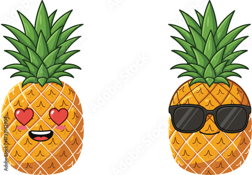 Cute cartoon pineapple character illustration, funny tropical fruit with sunglasses and heart eyes, summer exotic food vector design, playful graphic art