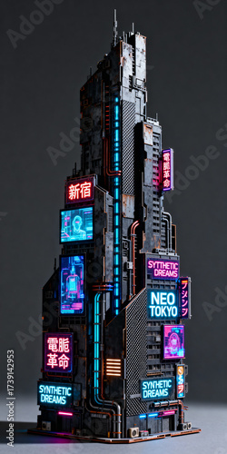 Cyberpunk Shinjuku Skyscraper: An ultra-detailed cyberpunk building model with bright neon signs, Japanese script, rust, and exposed pipes in a futuristic city setting