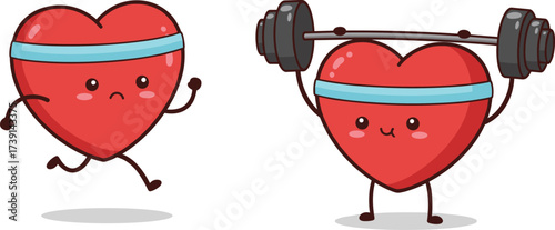 Cute cartoon heart characters doing exercise, running and weightlifting, healthy lifestyle illustration, fitness vector design, adorable health concept artwork