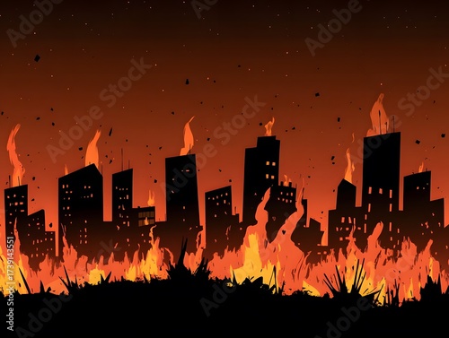 Burning Cityscape Silhouette Night Inferno Fire Disaster
