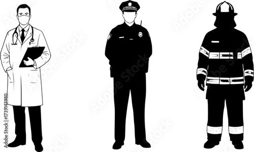 Three professions represented by silhouettes in uniform silhouette
