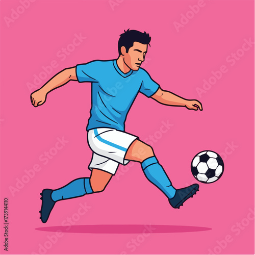 A soccer player in a light blue jersey kicks a black and white soccer ball with force against a pink background.