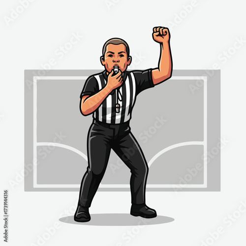 Cartoon illustration of a basketball referee blowing a whistle and raising his fist in the air during a game.