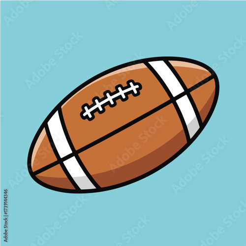 Cartoon illustration of an American football with brown leather, white stripes, and stitching against a light blue background.