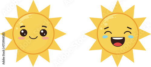 Cute cartoon sun faces with happy expressions, kawaii sunshine illustration, adorable summer design, smiling character art, playful weather emoticon style