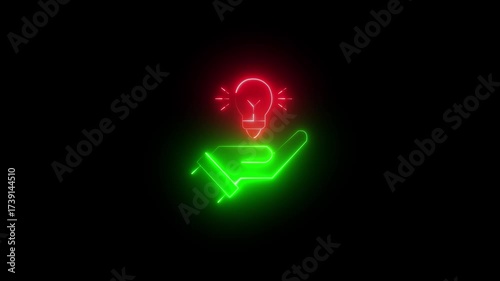 Glowing neon line light bulb and hand icon isolated on transparent background. Idea, creativity, hand bulb icon