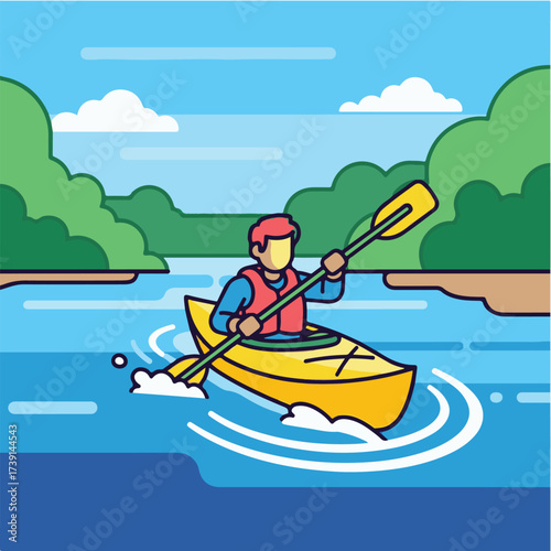 A person in a yellow kayak paddles on a blue river with green trees and a partly cloudy sky in the background.