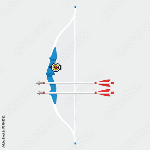 A white bow with blue handle and sight, strung with two arrows, against a light gray background.