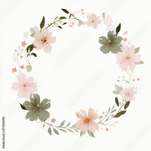 Watercolor blush pink and sage green simple floral wreath on a white background
