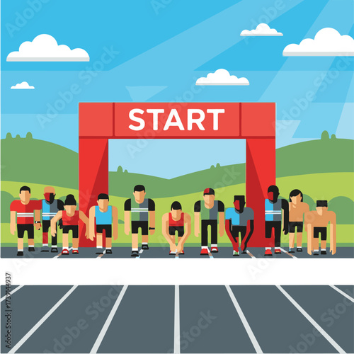 Runners lined up at the start line, preparing to race under a red "START" banner, with a landscape background.