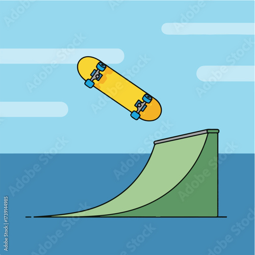 A yellow skateboard mid-air after launching off a green ramp against a blue sky with white clouds.