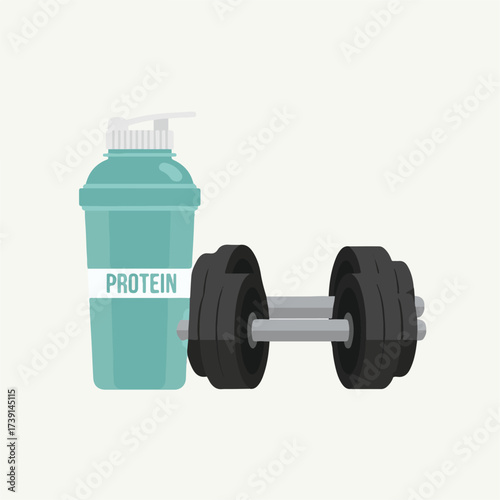 A protein shaker bottle with the word "PROTEIN" on the label, standing next to a black dumbbell on a white background.