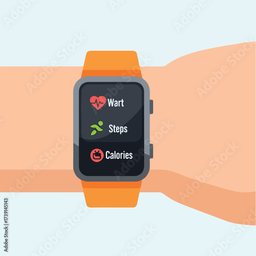 A wrist wearing a smartwatch displays heart rate, steps, and calories burned on a dark screen with icons, set against a light background.