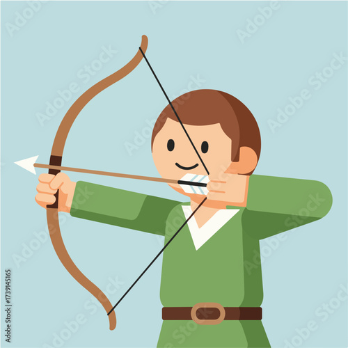 Cartoon archer aiming with a bow and arrow, wearing a green tunic against a light blue background.