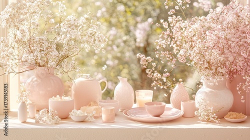 Soft pink decorative items and delicate flowers arranged on a sunlit windowsill