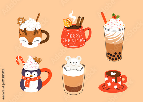 Christmas and Happy New Year set of drinks. Mugs and cups of hot coffee, punch, cacao with whipped cream, marshmallow and candy cane. Greeting card for Xmas, New year or winter holidays design.