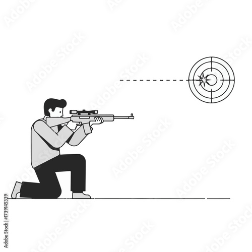 A man in a suit kneels and aims a rifle with a scope at a bullseye target, indicated by a dotted line.