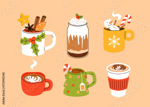 Christmas and Happy New Year set of drinks. Mugs and cups of hot coffee, punch, cacao with whipped cream, marshmallow and candy cane. Greeting card for Xmas, New year or winter holidays design.