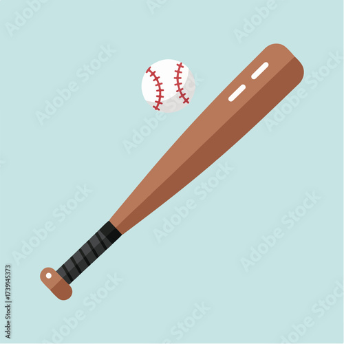 A baseball bat with a black grip and a white baseball with red seams, set against a light blue background.