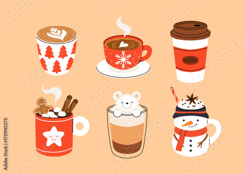 Christmas and Happy New Year set of drinks. Mugs and cups of hot coffee, punch, cacao with whipped cream, marshmallow and candy cane. Greeting card for Xmas, New year or winter holidays design.
