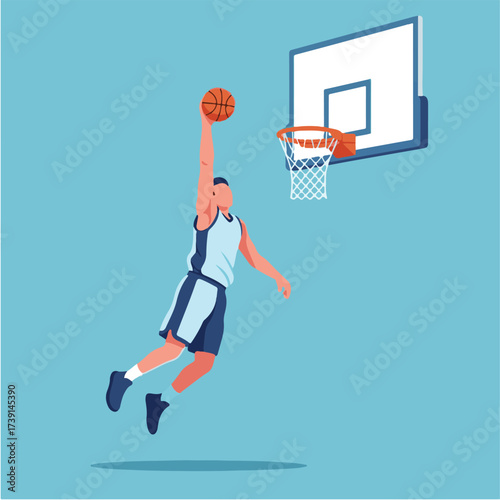 Basketball player in mid-air, reaching for the hoop with ball in hand, about to dunk.