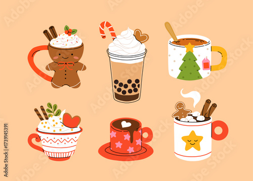 Christmas and Happy New Year set of drinks. Mugs and cups of hot coffee, punch, cacao with whipped cream, marshmallow and candy cane. Greeting card for Xmas, New year or winter holidays design.
