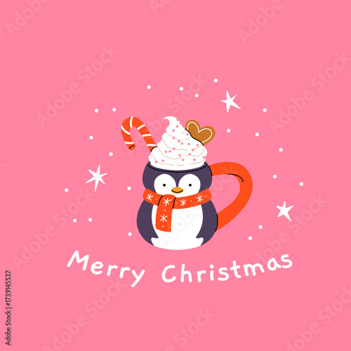 Christmas and Happy New Year greeting card. Mug and cup of hot coffee, punch, cacao with whipped cream, marshmallow and candy cane. Poster or cover design for Xmas, New year or winter holidays