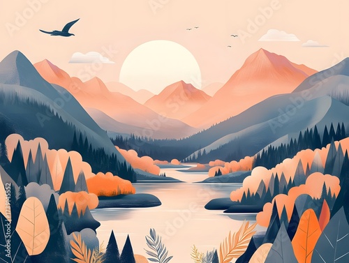 Serene Autumn Landscape, Mountains, Lake, Sunset