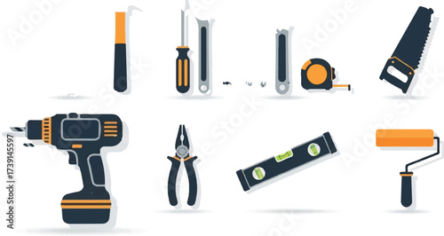 This image displays a set of tools illustrated in a flat, minimalist design style, primarily using black, dark gray, and orange accents against a white background.